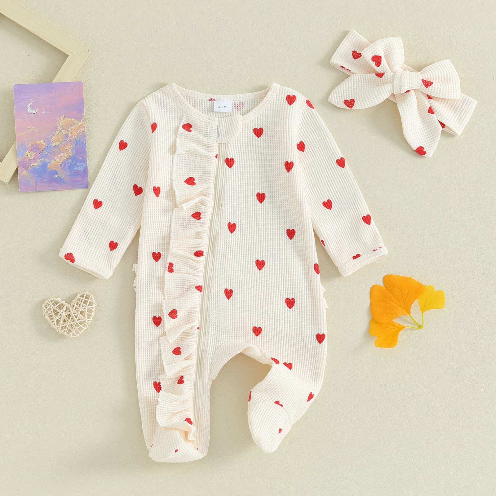 Heart Print Footed Jumpsuit with Ruffles & Headband