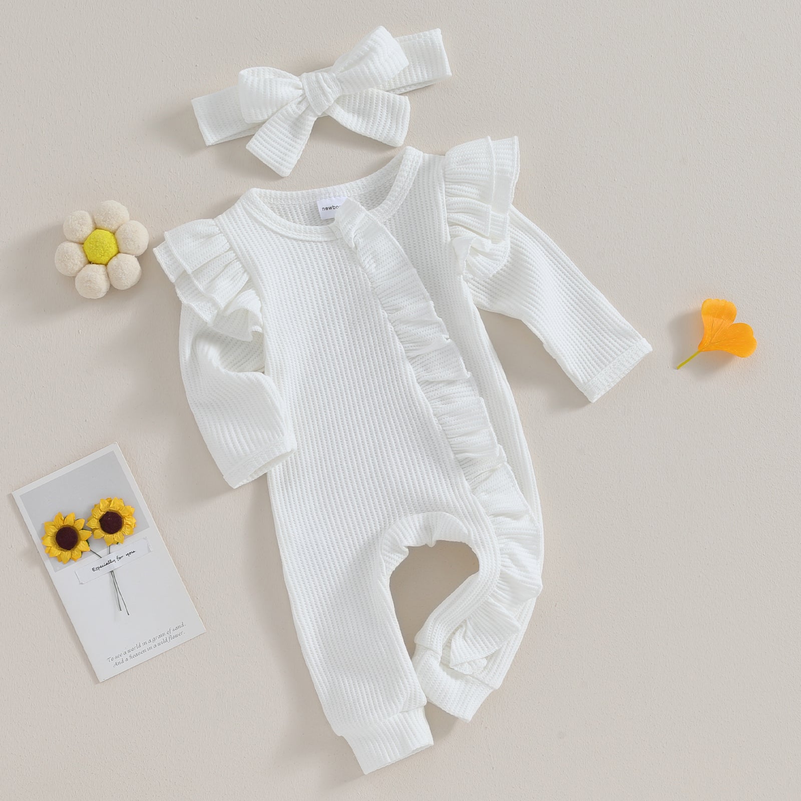 Baby Girl Autumn Solid Color Jumpsuit with Bow Headband