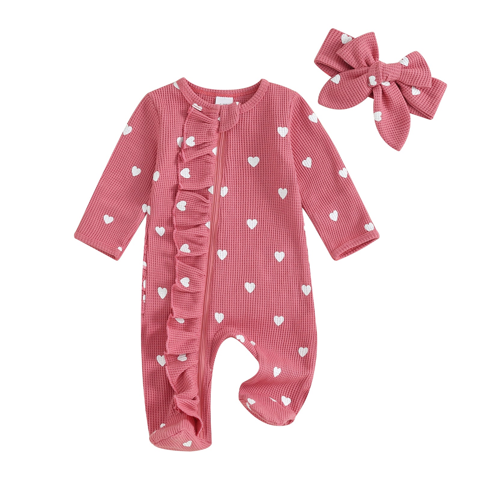 Heart Print Footed Jumpsuit with Ruffles & Headband