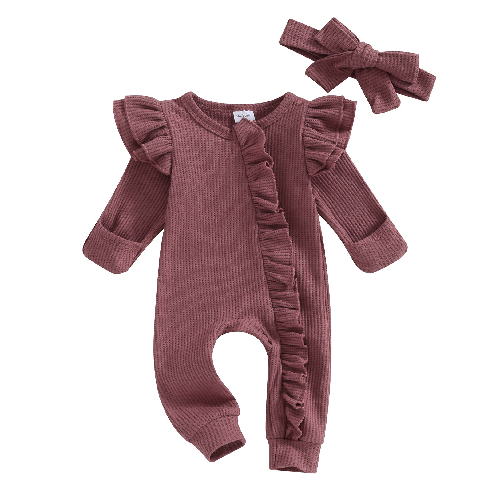 Baby Girl Autumn Solid Color Jumpsuit with Bow Headband