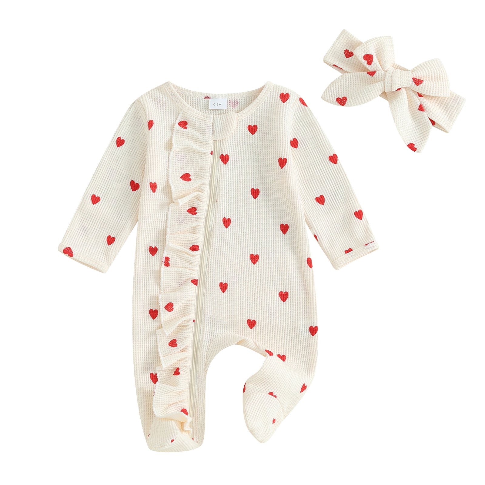 Heart Print Footed Jumpsuit with Ruffles & Headband