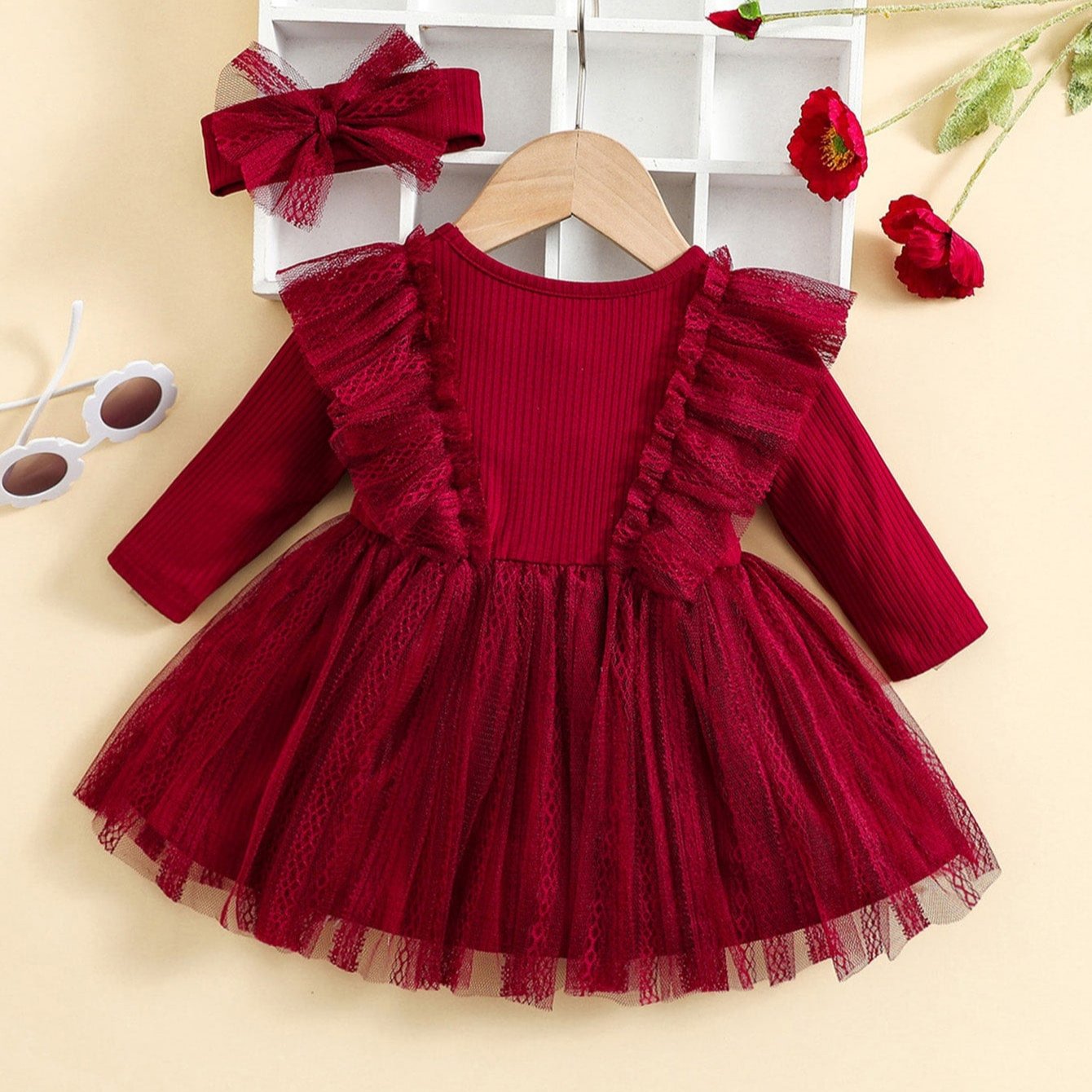 Baby Girl Ruffled Mesh Dress with Bow Headscarf