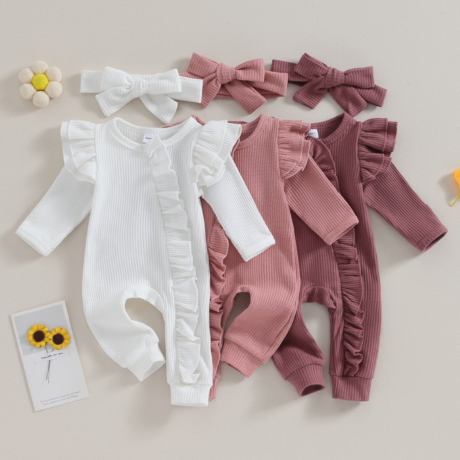 Baby Girl Autumn Solid Color Jumpsuit with Bow Headband