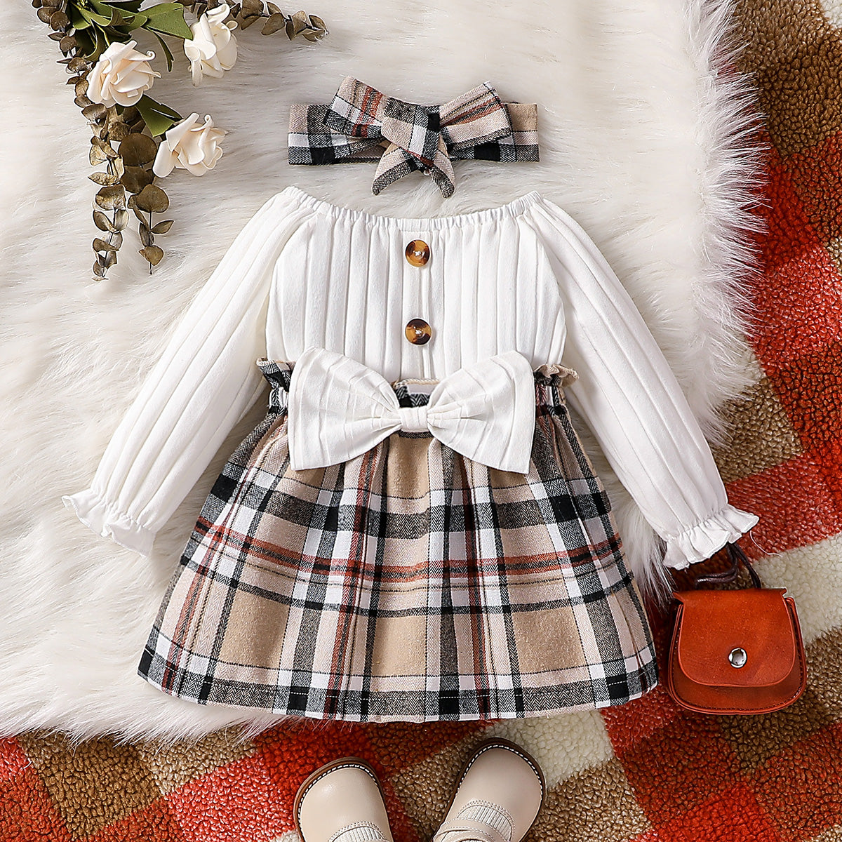 Baby Girls Plaid Dress with Bow Headband