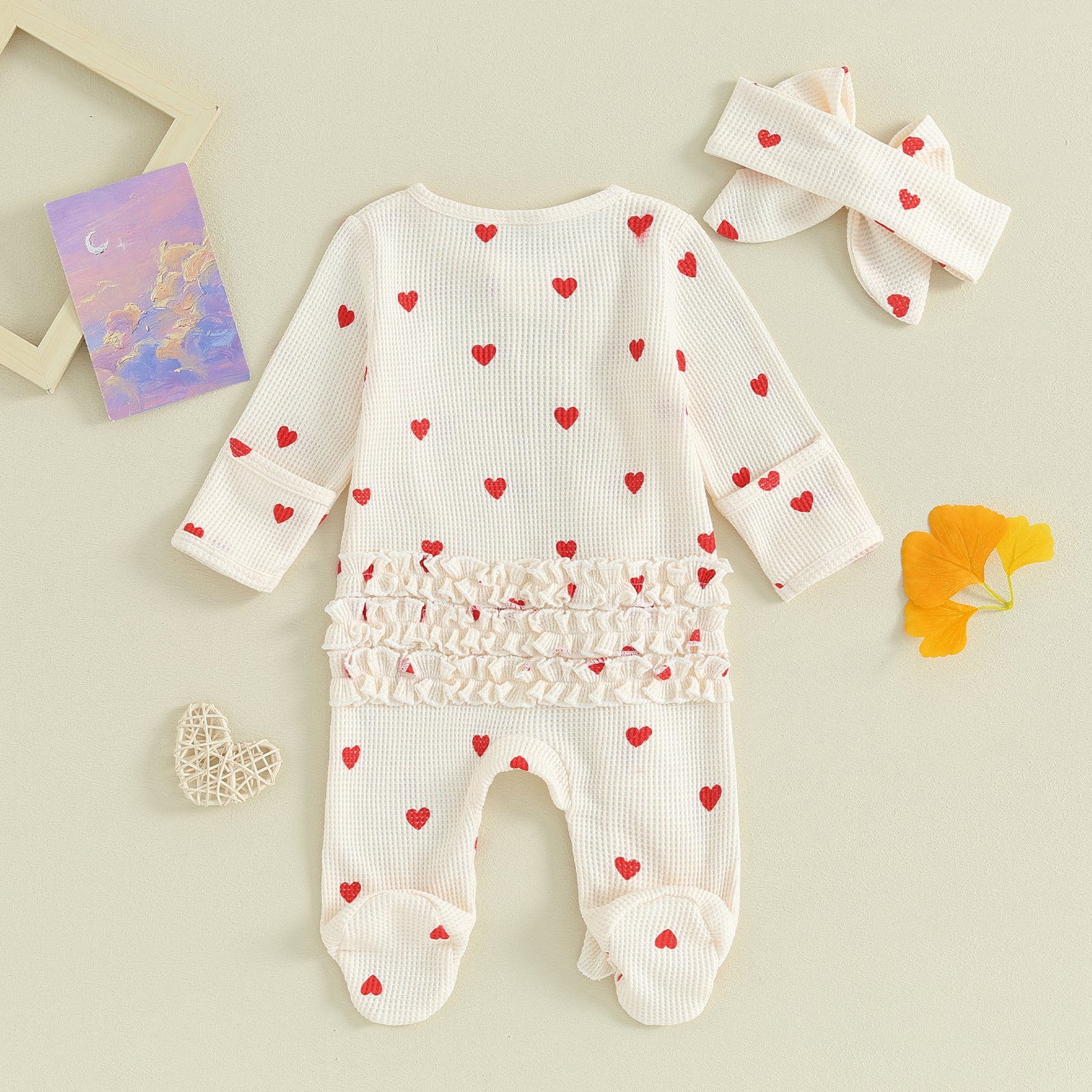 Heart Print Footed Jumpsuit with Ruffles & Headband