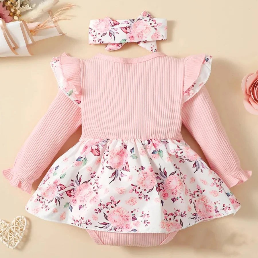 2PCS Baby Girl Ribbed Floral Romper & Headband Set