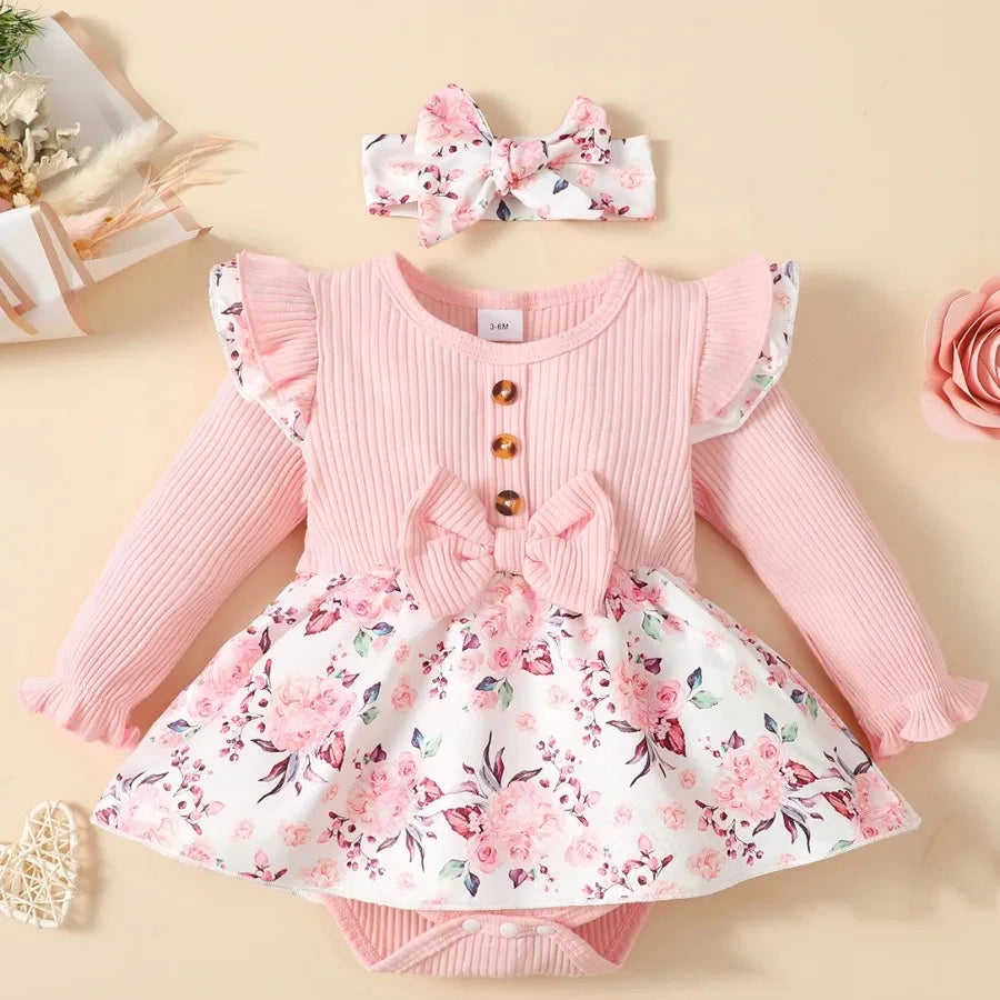 2PCS Baby Girl Ribbed Floral Romper & Headband Set