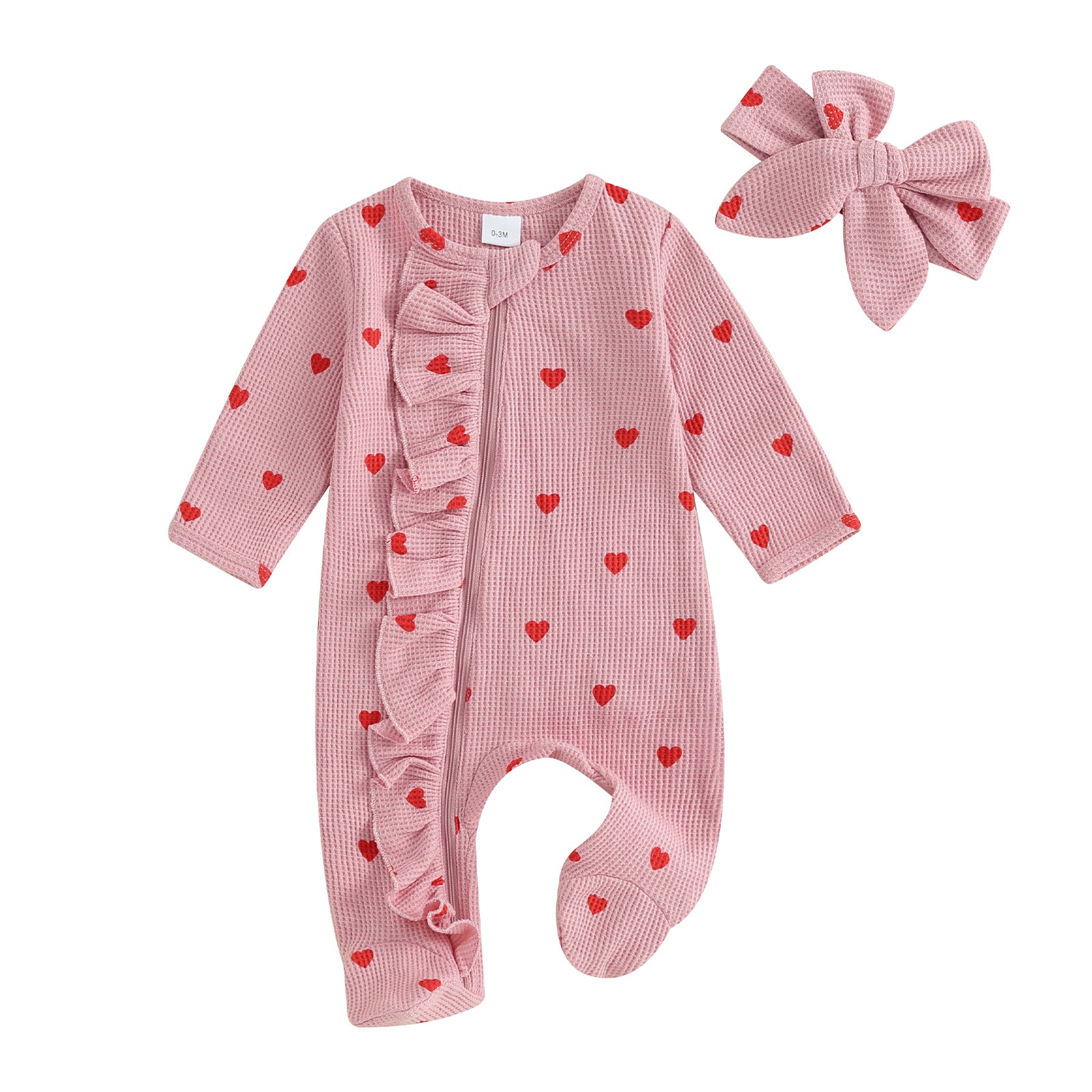 Heart Print Footed Jumpsuit with Ruffles & Headband