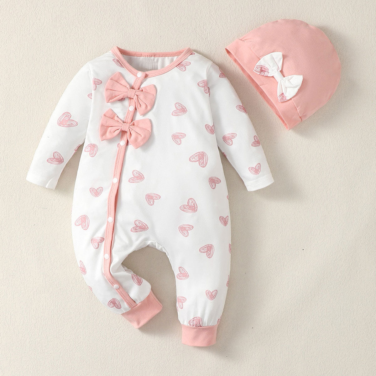 Love Print Jumpsuit with Bow Cap for Baby Girls