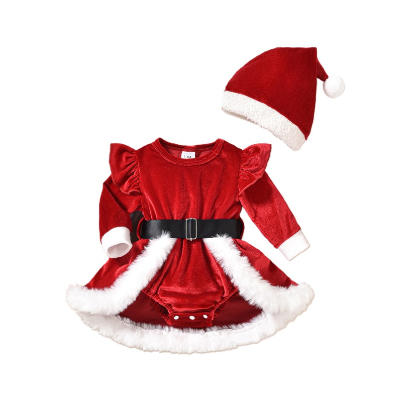 Baby Girls Velvet Romper Dress with Hat