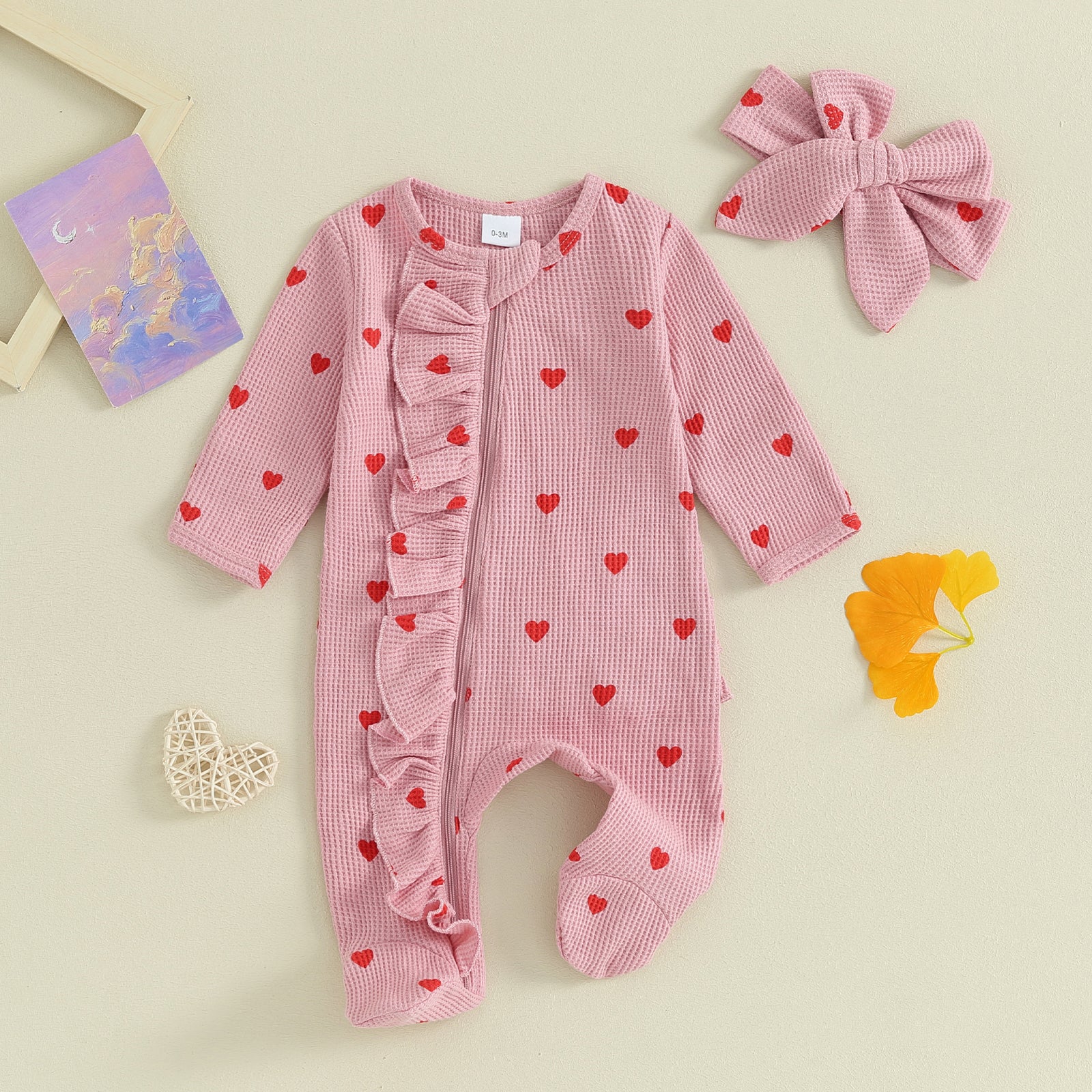 Heart Print Footed Jumpsuit with Ruffles & Headband