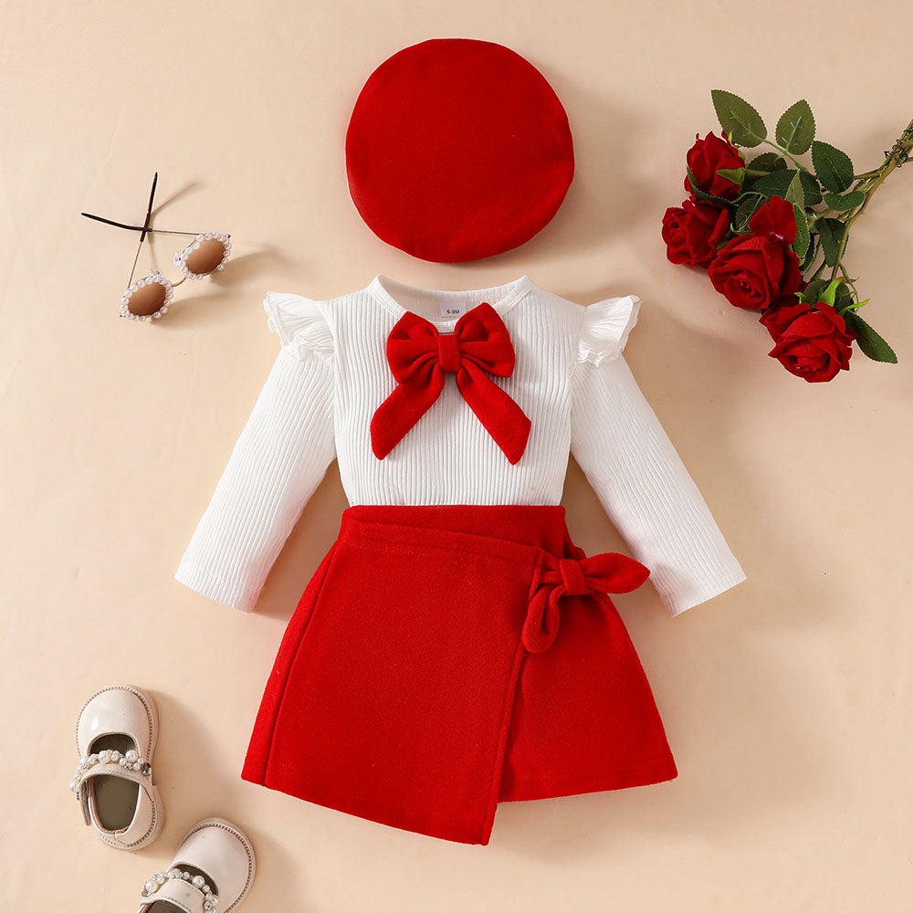 3-Piece Toddler Christmas Outfit with Bow Top and Skirt