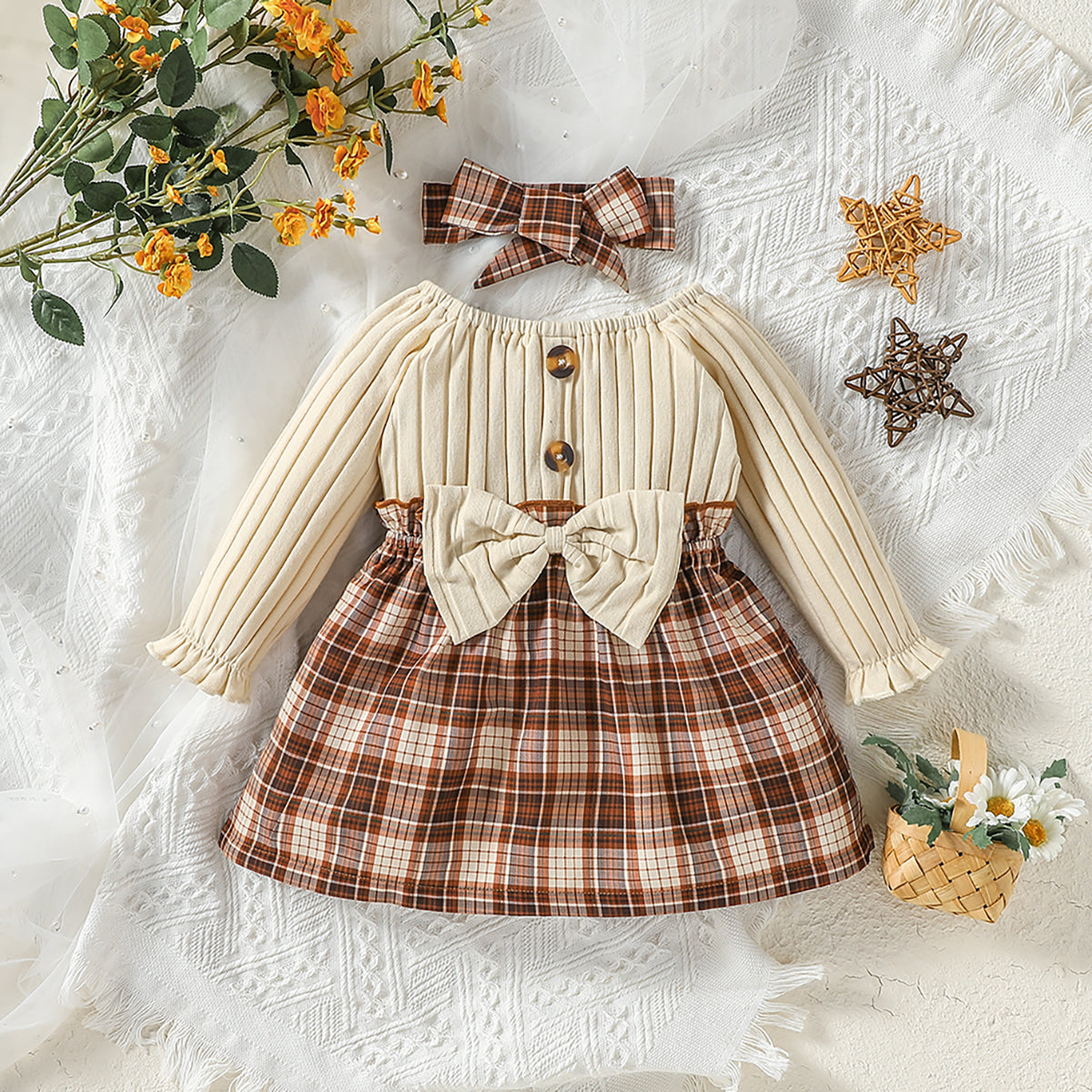 Baby Girls Plaid Dress with Bow Headband