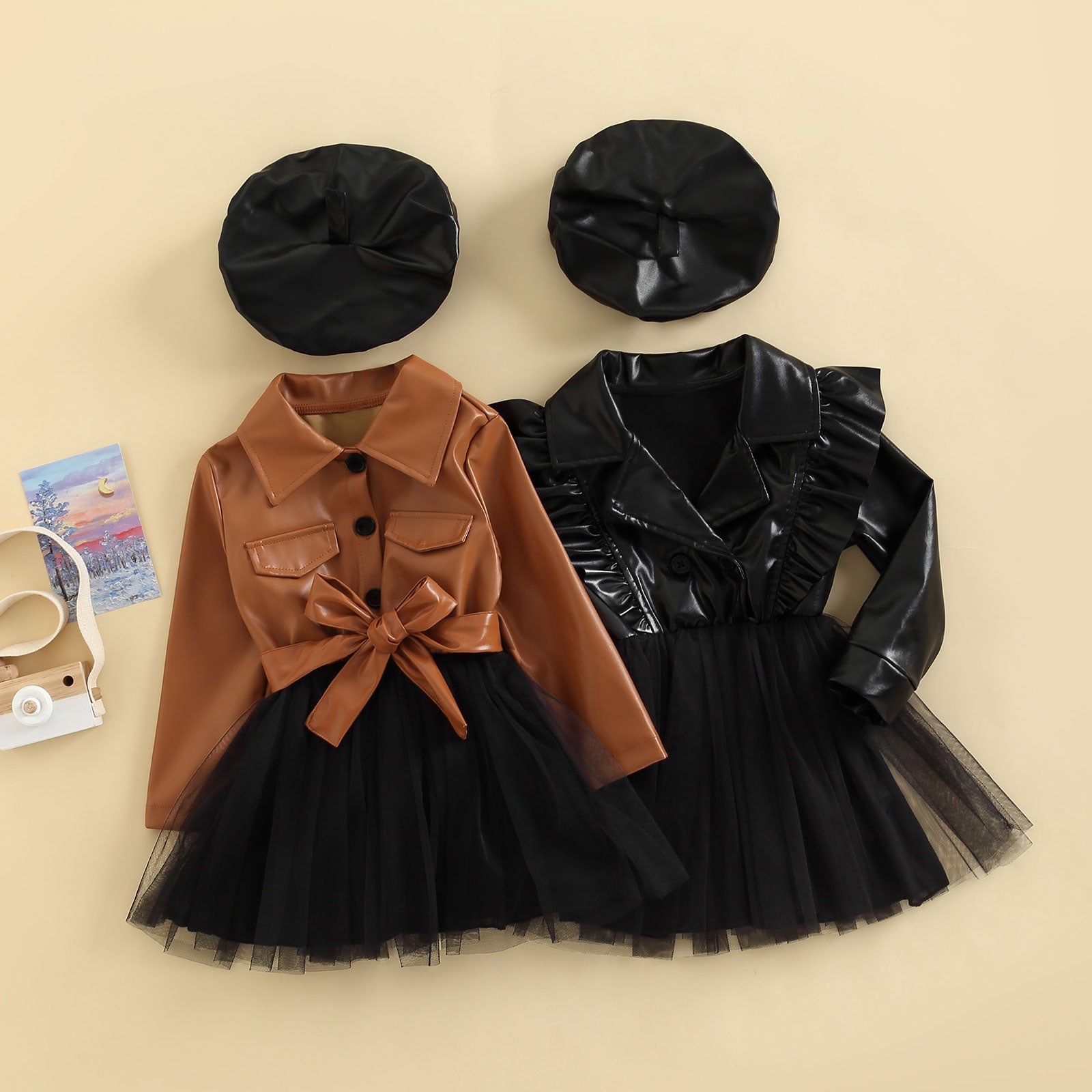 Baby Girl Autumn A-Line Leather Tulle Dress with Hat