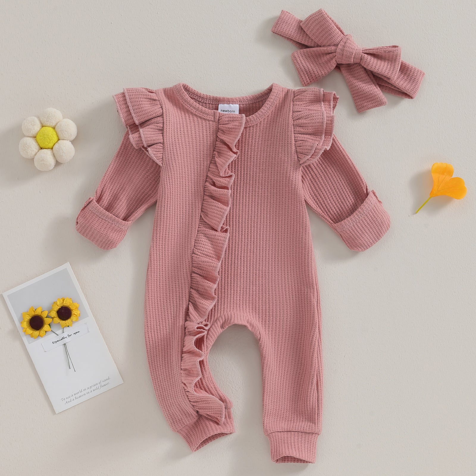 Baby Girl Autumn Solid Color Jumpsuit with Bow Headband