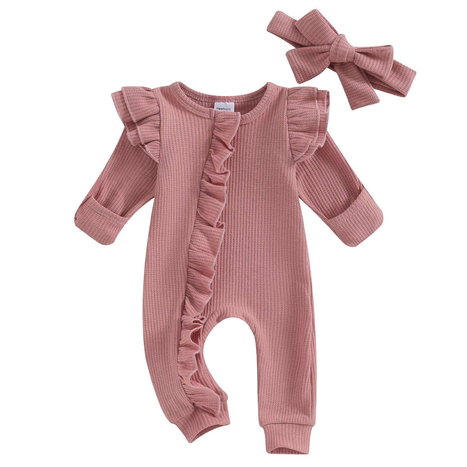 Baby Girl Autumn Solid Color Jumpsuit with Bow Headband